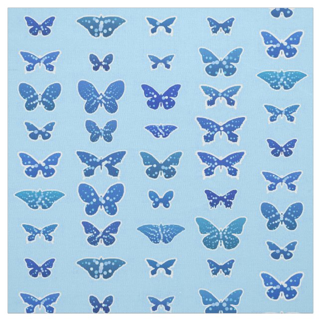 Tecido Borboletas azuis escuras, fundo azul-céu (Modelo)