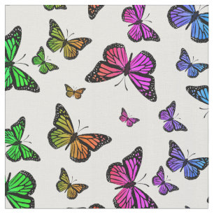 Tecido Borboletas coloridas do arco-íris monarca em bran