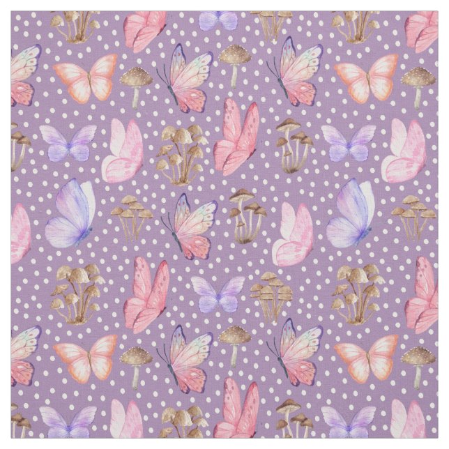 Tecido Borboletas e Cogumelos em Roxo (Modelo)