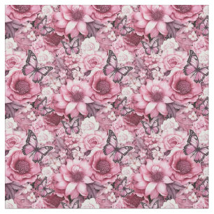 Tecido Borboletas e flores em diferentes tons de pinks