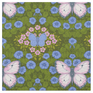 Tecido Borboletas e flores simetria, azul e rosa