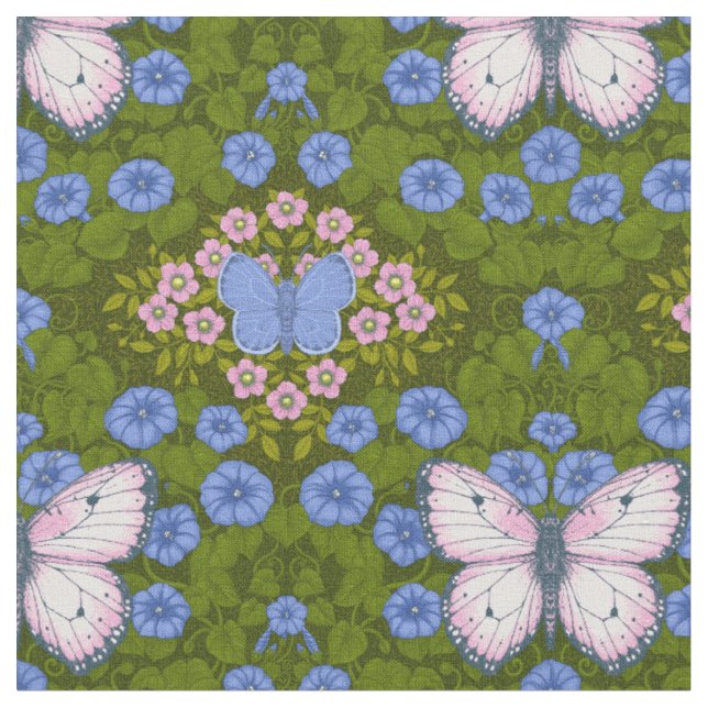 Tecido Borboletas e flores simetria, azul e rosa (Detalhe)