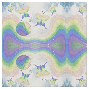 Tecido Borboletas, nuvens, arco-íris e pentáculos