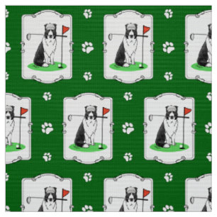 Tecido Border Collie Dog Jogando Golfe (preto e branco)