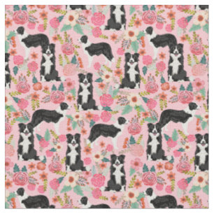 Tecido Border Collie dog vintage florals rosa
