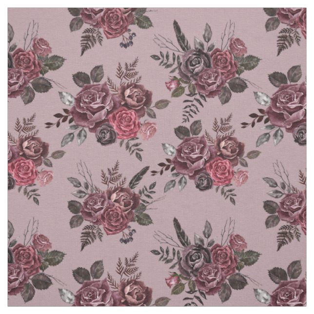 Tecido Borgonha Buquê Floral Médio Cinza Rosa (Modelo)