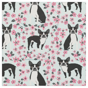 Tecido Boston Terrier dog cherry floresce azul claro