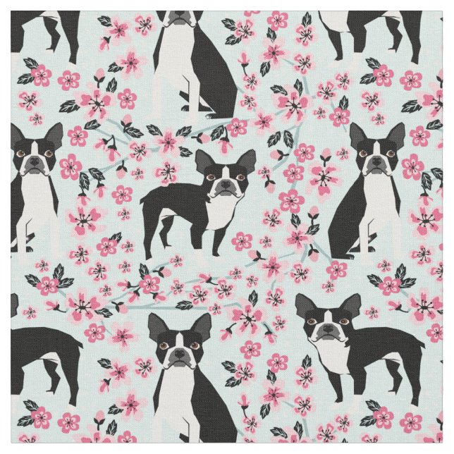 Tecido Boston Terrier dog cherry floresce azul claro (Detalhe)