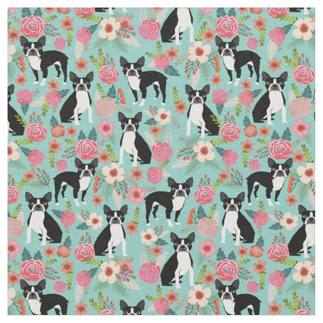 Tecido Boston Terrier dogs safam-se das flores (Detalhe)