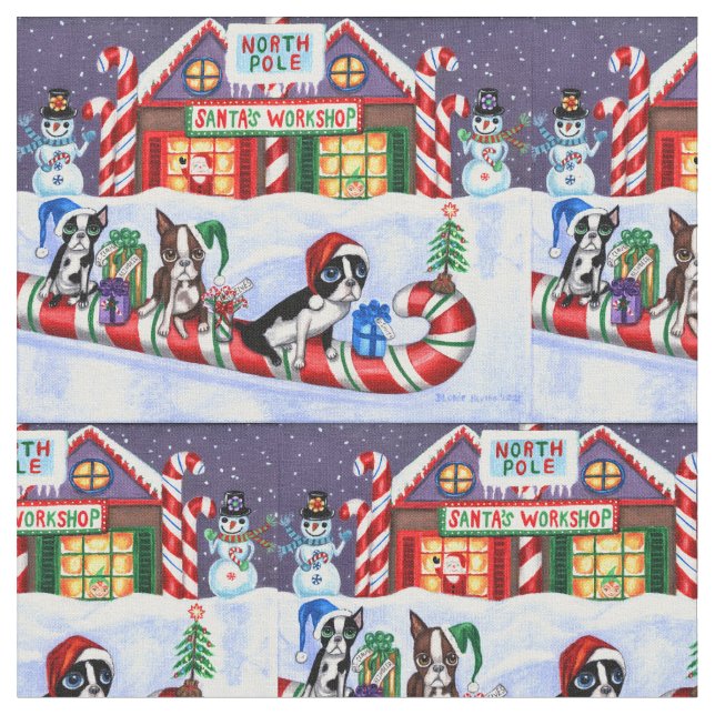 Tecido Boston Terriers Candy Cane Papai noel Natal Snowma (Detalhe)