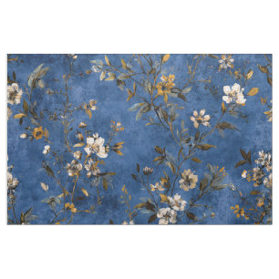 Tecido Botânico Floral Vintage Azul Naval Rústico Ousado