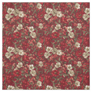 Tecido Botânico Vermelho Rústico Floral Boho Ousado Vinta