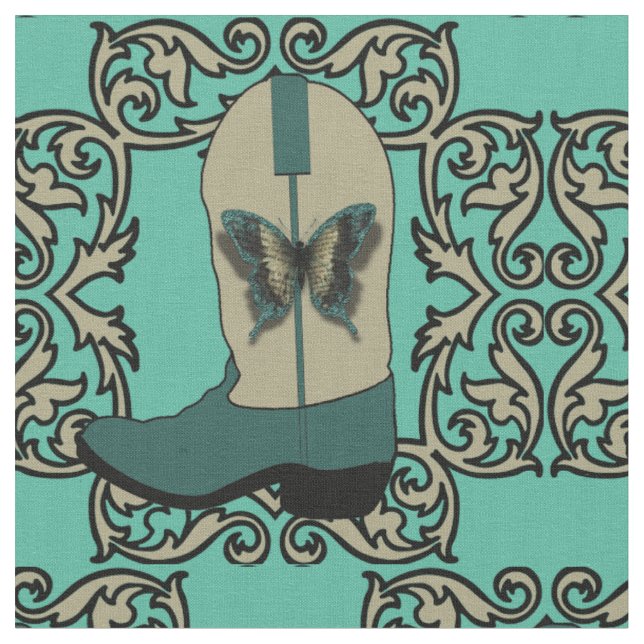 Tecido Botas De Cowboy Com Borboleta E Moldura (Detalhe)