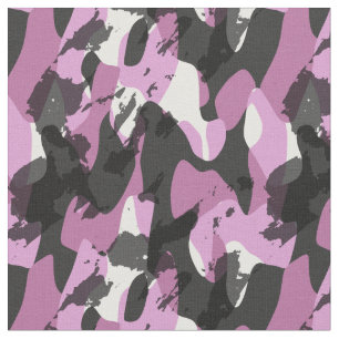 Tecido Branco com tons de camuflagem abstrata rosa e cinz