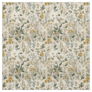 Tecido Branco Rústico Amarelo Botânico Floral Vintage