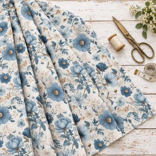 Tecido Branco Rústico Azul Botânico Floral Vintage Pastel