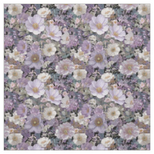Tecido Branco Rústico Botânico Floral Vintage Roxo