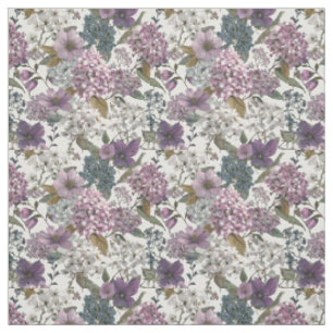 Tecido Branco Rústico Botânico Floral Vintage Roxo