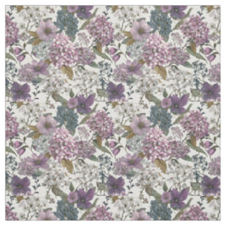 Tecido Branco Rústico Botânico Floral Vintage Roxo