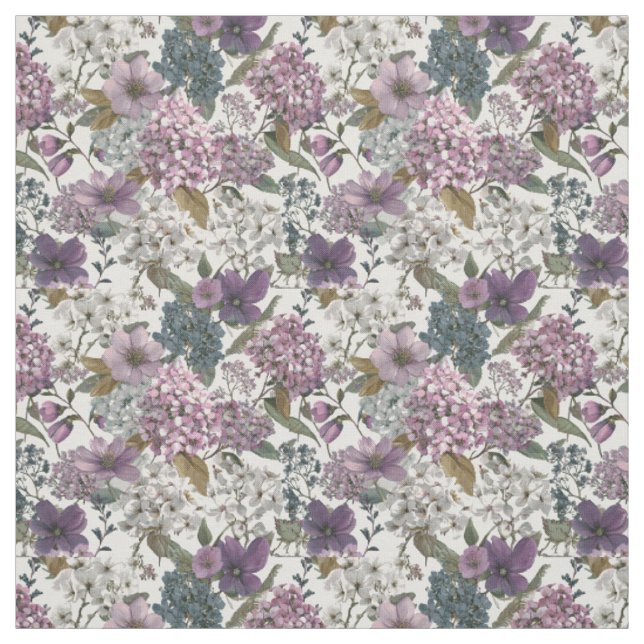 Tecido Branco Rústico Botânico Floral Vintage Roxo (Modelo)