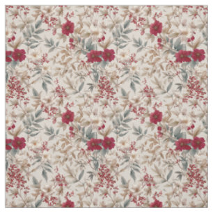 Tecido Branco Rústico Floral Botânico Pastel Vintage Verm