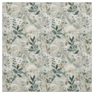 Tecido Branco Rústico Verde Botânico Vintage Boho Floral