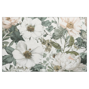 Tecido Branco Rústico Verde Botânico Vintage Boho Floral