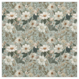 Tecido Branco Rústico Verde Botânico Vintage Boho Floral