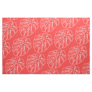 Tecido Branco Tropical Folha Motif Coral Vermelho Salmão