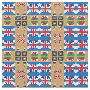 Tecido British Heart, Welsh Dragon & Scottish Flag/Reino 