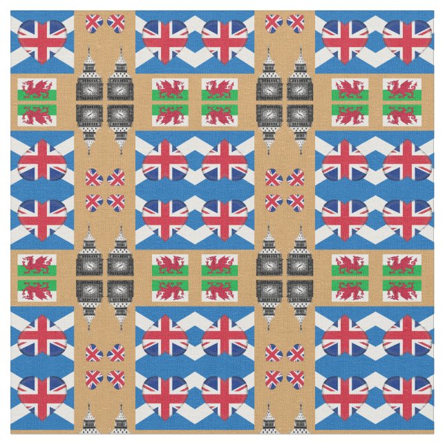 Tecido British Heart, Welsh Dragon & Scottish Flag/Reino  (Detalhe)