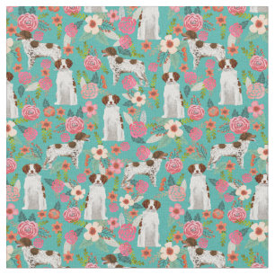 Tecido brittany spaniel dog vintage florals turquoise