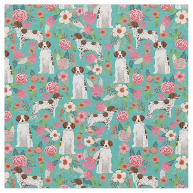 Tecido brittany spaniel dog vintage florals turquoise (Detalhe)