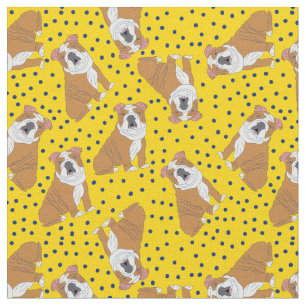 Tecido Bulldog Inglês - Amarelo Padrão, Bolinhas Azuis