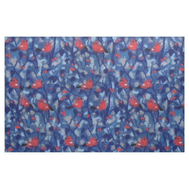 Tecido Bullfinches, pássaros vermelhos, árvores da flores (Fat Quarter)