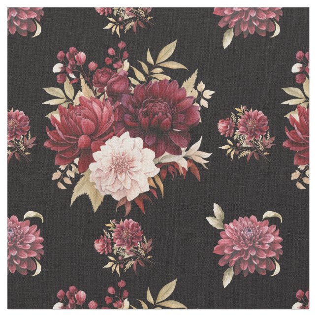 Tecido Burgundy Dahlias em preto (Detalhe)