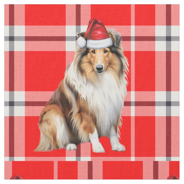 Tecido Cachorro Collie de Natal com Xadrez Vermelha (Detalhe)