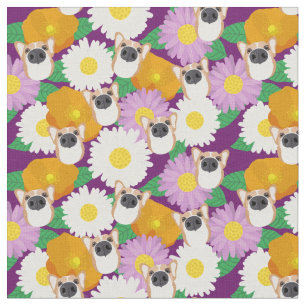 Tecido Cachorro de Corgi com Flores Púrpura Padrão
