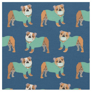 Tecido Cães Bulldog Ingleses em azul marinho