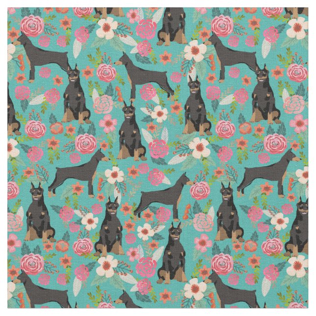 Tecido Cães doberman florescem turquesa (Detalhe)