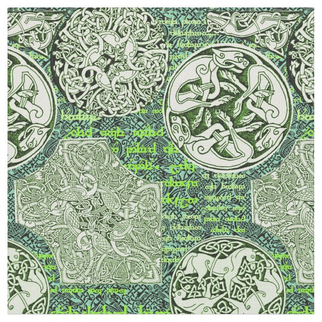 Tecido Cães e cavalos celtas no verde (Detalhe)