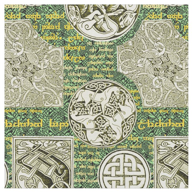 Tecido Cães e cavalos celtas no verde e no ouro (Detalhe)