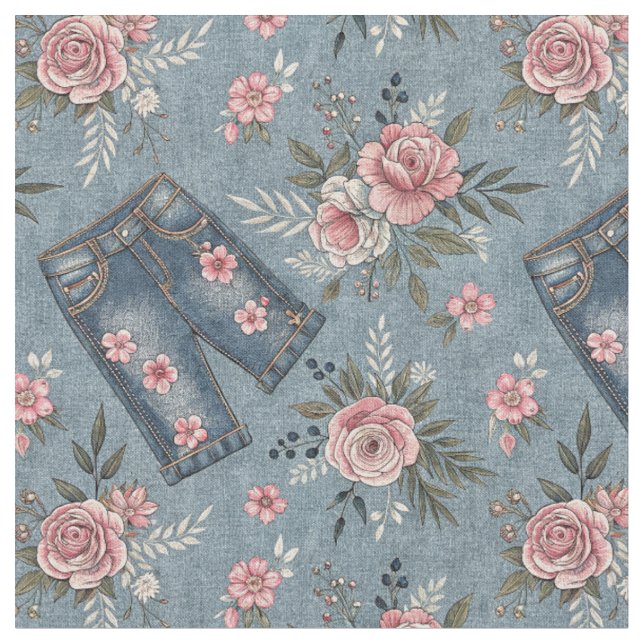 Tecido Calças Jeans & Flores Rosas - Padrão de Design Flo (Detalhe)