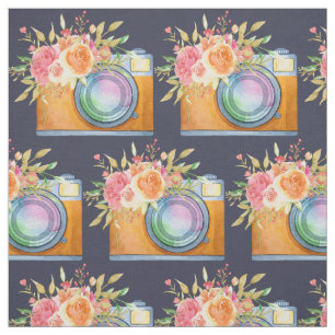 Tecido Câmera Laranja Boho e Flores Padrão de Aquarela