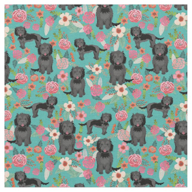 Tecido Cão-de-bule preto floresce turquesa (Detalhe)