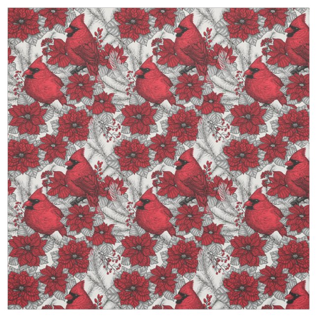 Tecido Cardinhas e poinsetos em vermelho e branco (Modelo)