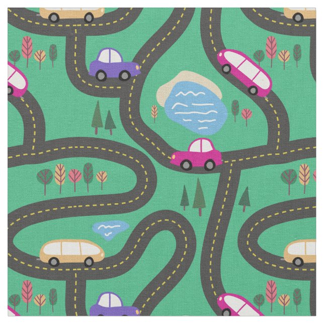 Tecido Carros cor-de-rosa & roxos - mapa de estradas dos (Detalhe)