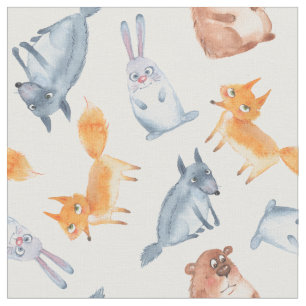 Tecido Cartoon, animais florestais. Lobo, urso, raposa e