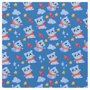 Tecido Cartoon Azul Baby Panda com Cima Vermelha em Azul