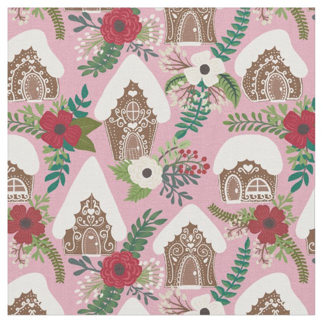Tecido Casas de Gingerbread e Florais de Natal - Rosa (Detalhe)